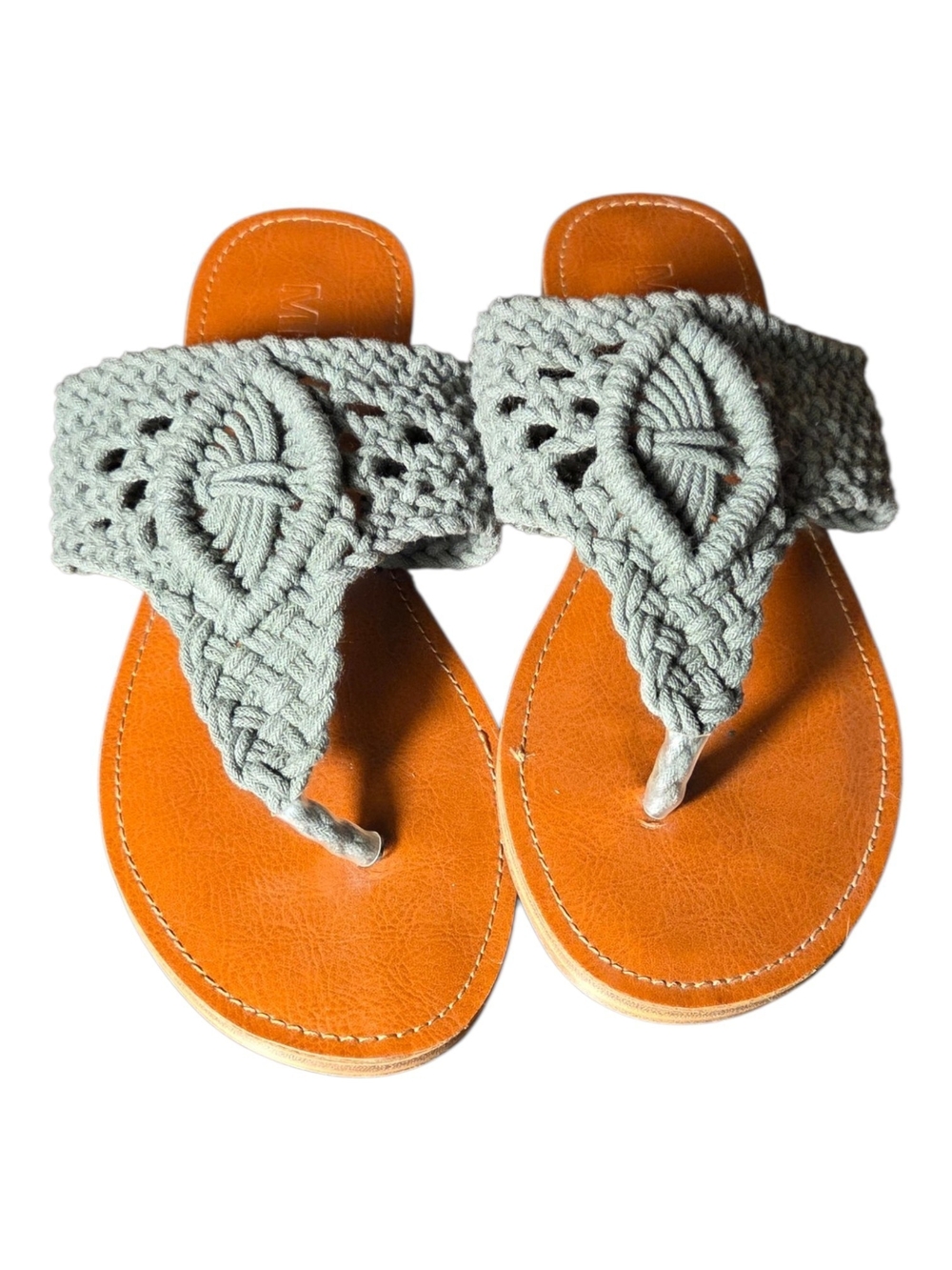 MIA Sage Green Crochet Toe-Post Sandals with Tan Footbed